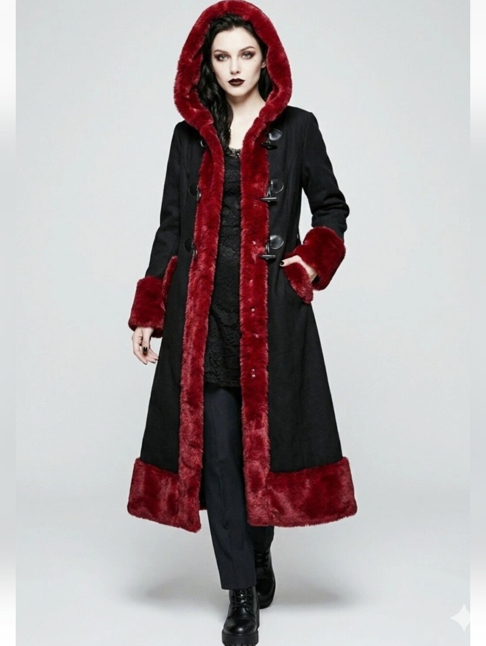 Gothic Black Coat Red Fur Steampunk Victorian Corset Jacket Frozen Strawberry M